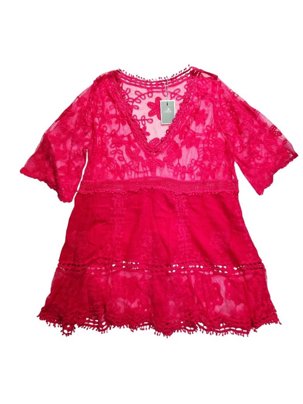 Hot Pink Swimsuit Cover Eomenie Womens Contrast Lace Beach Cover-Up Dress